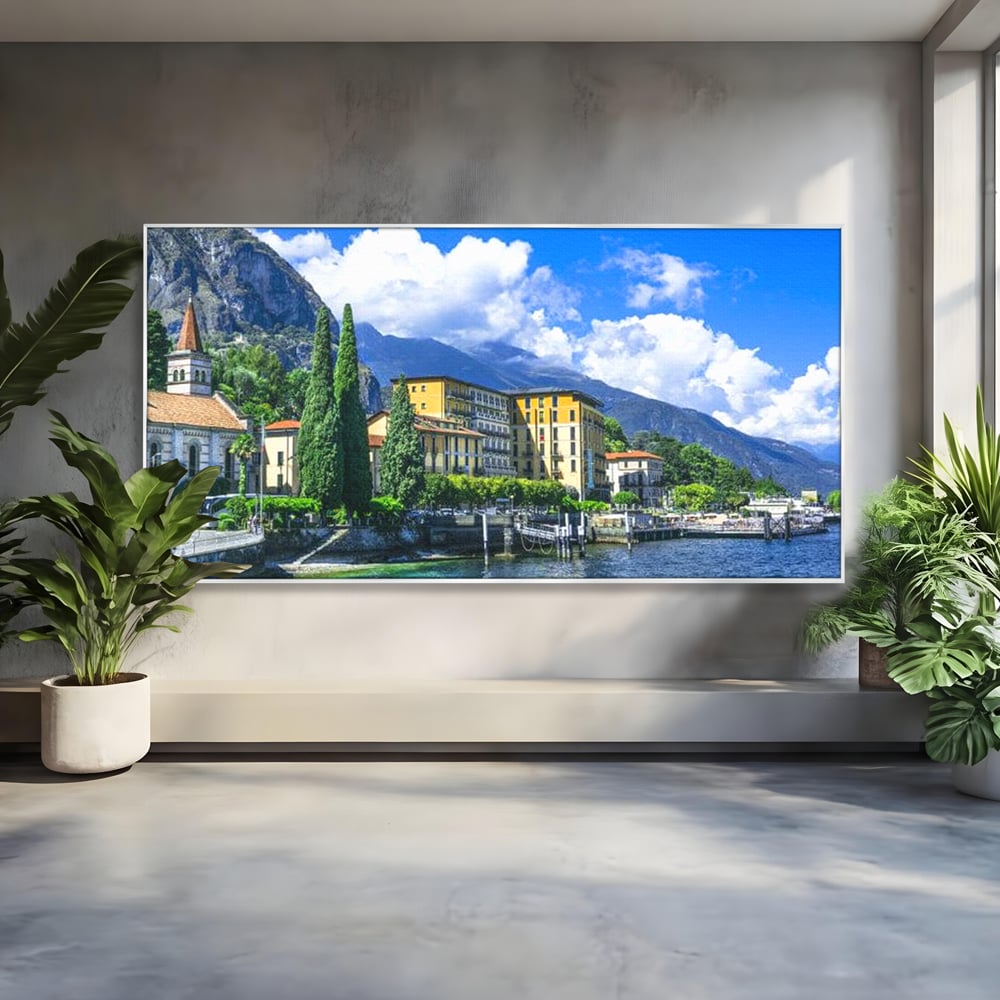 Tablou canvas cu peisaj urban pe malul lacului, in rama de aluminiu argintiu